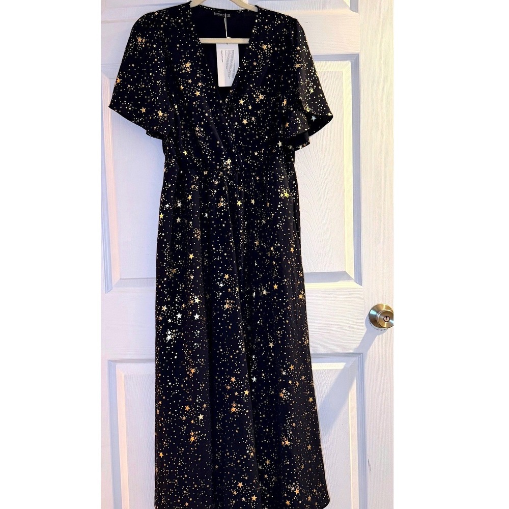 BloomChic Maxi Dress Womens 10 Navy Gold Star Celestial Whimsigoth Wrap V-Neck